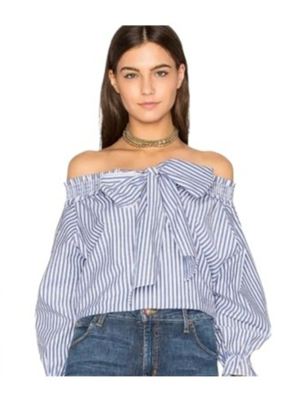 J.O.A. Women's Striped Off-Shoulder Top Blouse Size Large Blue White Striped Bow